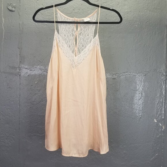 Zara Halter Tank Top Sz M Spaghetti Strap Lace Peach MoP Buttons Satin Coquette - Picture 7 of 11